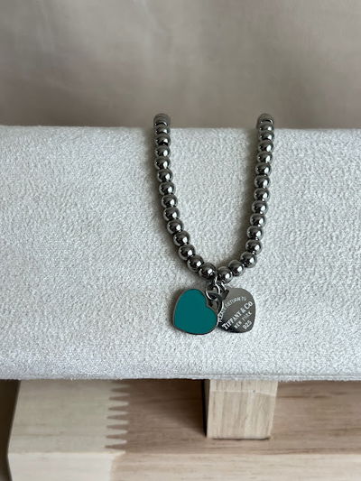 PULSERA TIFFANY DOBLE CORAZON CELESTE PLATEADA