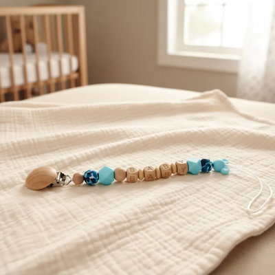 Porta Chupete Mordillo Silicona Y Madera celeste