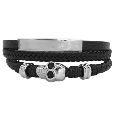 pulsera hombre simil cuero y acero con calavera