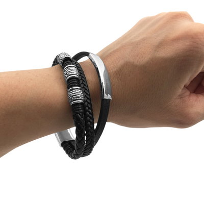 pulsera hombre simil cuero y acero triple