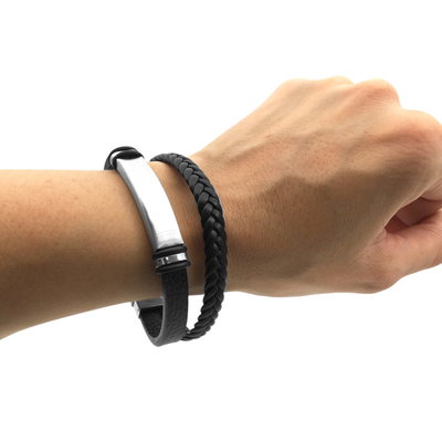 pulsera hombre simil cuero y acero doble