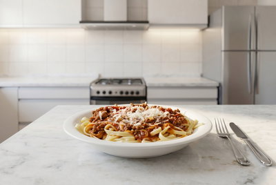 Fideos al huevo con bolognesa