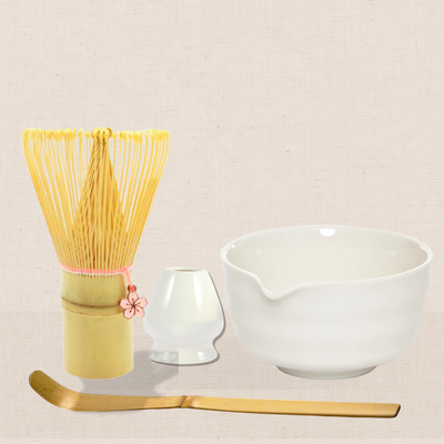Set Ritual Edición Flor: Batidor Flor + Chashaku + Naoshi + Tamizador: Blanco