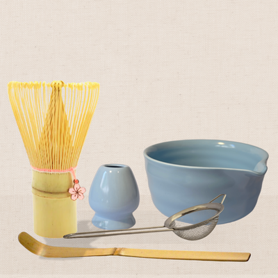 Set de Ceremonia Master "Edición Flor": Chawan + Chasen Flor + Accesorios: Celeste