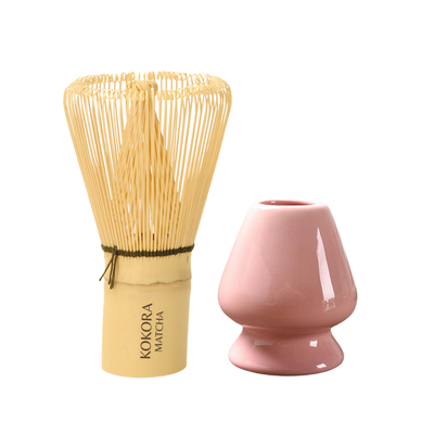 Set Batidor de Bambú Chasen + Soporte Naoshi de Cerámica: Rosa