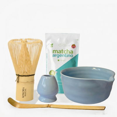 Set de Ceremonia Premium: Matcha 50g + Chawan + Chasen + Chashaku + Naoshi: Celeste