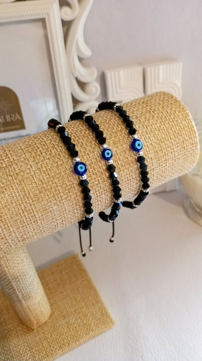 Pulsera de hilo • Cristal Negro+ Ojito 
