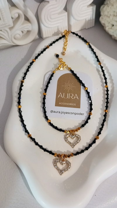 Conjunto | Cristal Negro & Dorado 