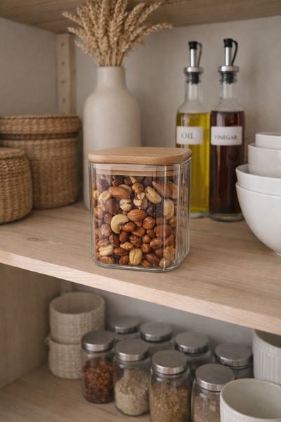 Frasco de vidrio con tapa de bambú 