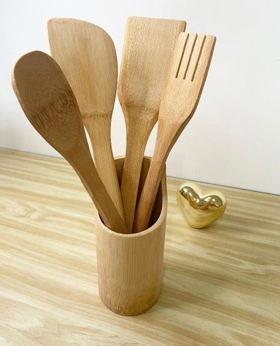 Juego utensilios de madera bambu 
