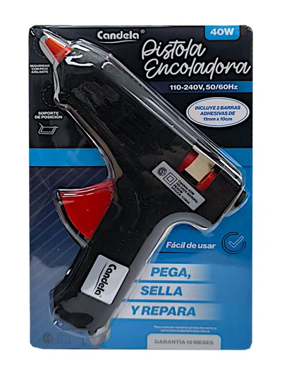 Pistola Encoladora Silicona CANDELA de 40W INCLUYE 2 Barras de Silicona 10 Cm.