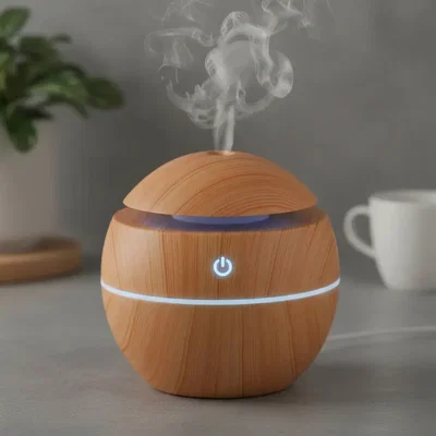 Humidificador Difusor Aromatizador Diseño ESFERA Símil Madera 200 ml. Luz LED Decorativa