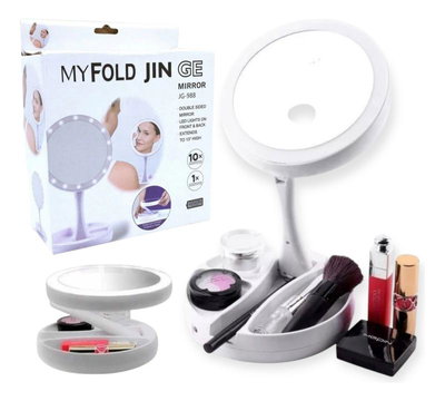 Espejo Doble con Base Aumento 10X Luz LED Plegable Gira 360º Incluye Cable USB