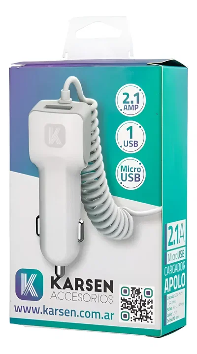 Cargador Auto 12V KARSEN Apolo Cable Micro USB V8 Integrado + 1 x USB H 2.1A