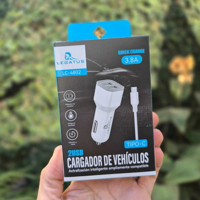 Cargador Auto 12V LEGATUS LC-4802 2x USB H Cable TYPO C Incluido 3.8 Amperes