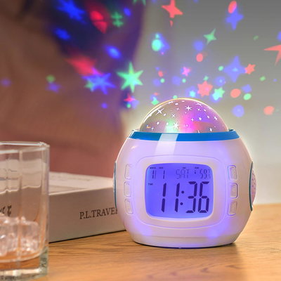 Reloj Infantil Proyector de Estrellas y Sonidos Pant. LCD Despertador Sensor Temperatura