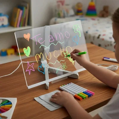 Pizarra Acrílica 15x15 Retro Iluminación LED 7 Marcadores Neón Alimentación USB