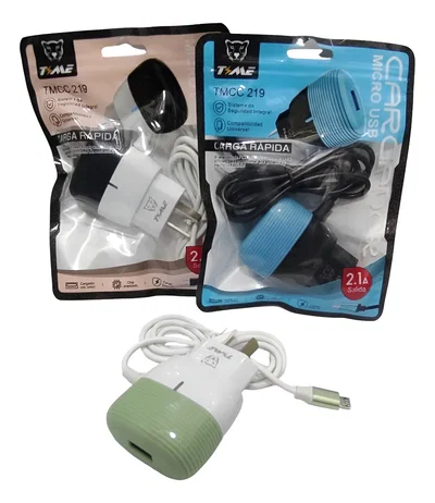 Cargador TIME TMCC 219 de 2.4A Cable Micro USB V8 Integrado + 1x USB Hembra BOLSITA