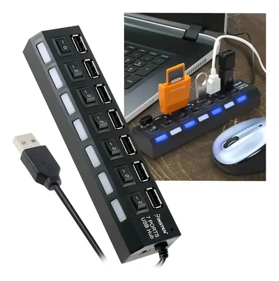 Multiplicador HUB Genérico 7 Puertos USB (H) 2.0 Interruptor y Luz LED CABLE de 35 CM.