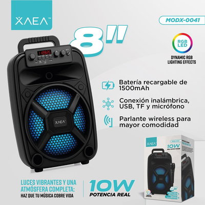 Parlante Portatil XAEA MODX-0041 10W RMS 8" Micrófono Bluetooth USB Micro SD Luces