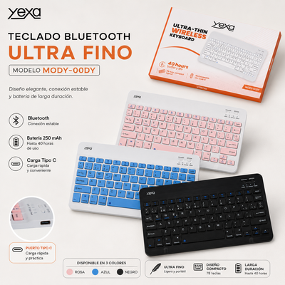 Teclado Bluetooth Ultra Fino YEXA MODY-00DY Bateria 250 mAh Carga Typo C