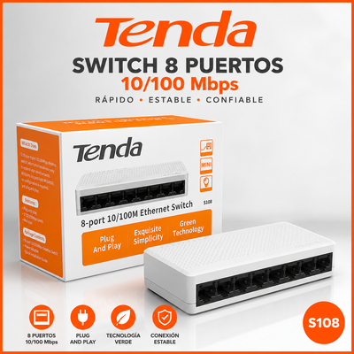 Switch De Red TENDA S108 de 8 Puertos RJ45 10/100 Mbps Blanco