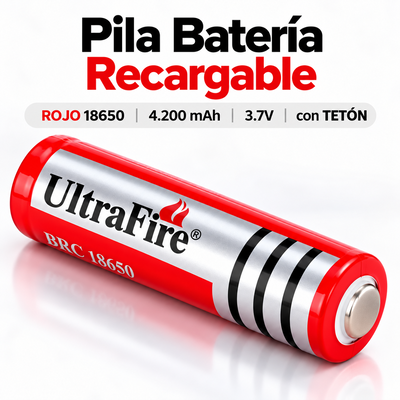 Pila Batería Recargable ROJO 18650 de 4.200 mAh 3.7V con TETON