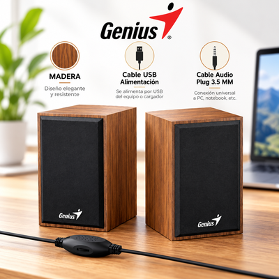 Parlante Genius SP-HF180 2.0 6W RMS Alimentación USB Cable Audio Pug 3.5 mm Madera