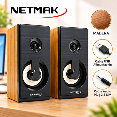 Parlante 2.0 NETMAK BORA 6W RMS Caja Acústica Madera Alimentación USB Audio 3.5 MM