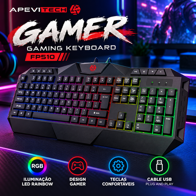 Teclado GAMER APEVTECH FP510 Anti Ghosting 8 Teclas Multimedia Iluminación Cable USB