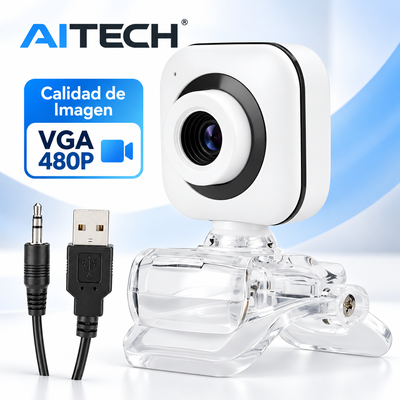 Webcam AITECH 480P Calidad VGA Blanca Plegable Microfono Integrado Cable USB y Plug 3.5 MM