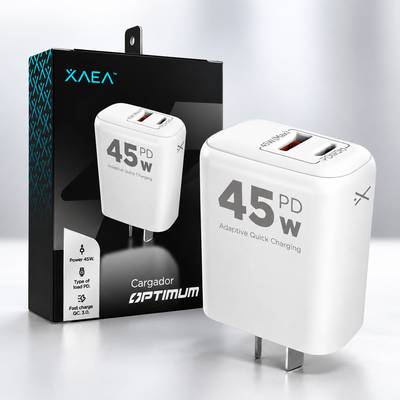 Cargador Potenciado XAEA Optimum 45W 5A Puerto USB H + Puerto Typo C H (NO Incluye Cable)