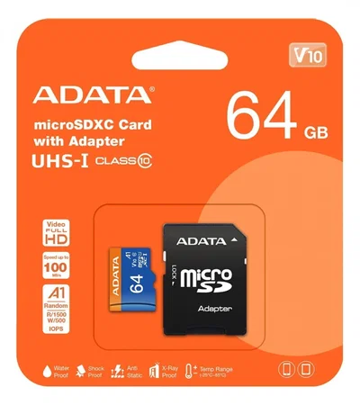 Micro SD ADATA 64GB Clase 10 UHS-I 100 Mbps con Adap. SD