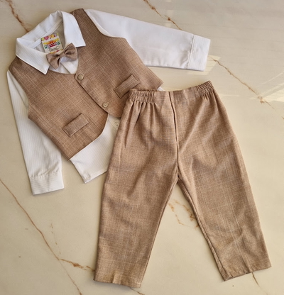 Traje Sastrero Bebe Beige Texturado con Camisa y Moño