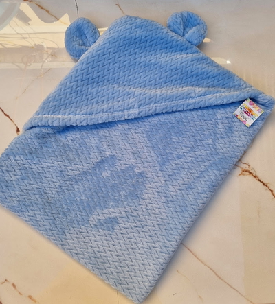Manta de Polar Soft con Capucha y Orejitas Celeste
