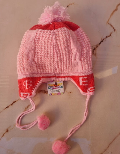 ✨ Gorro Rosado tejido de Lana con Orejeras y Peluche ✨ 🐻❄️