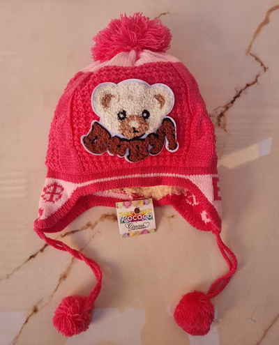 ✨ Gorro Rosa tejido de Lana Osito con Orejeras y Peluche ✨ 🐻❄️