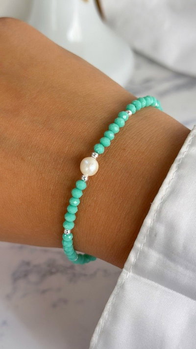 PULSERA CRISTALES C/PERLA VERDE ESMERALDA