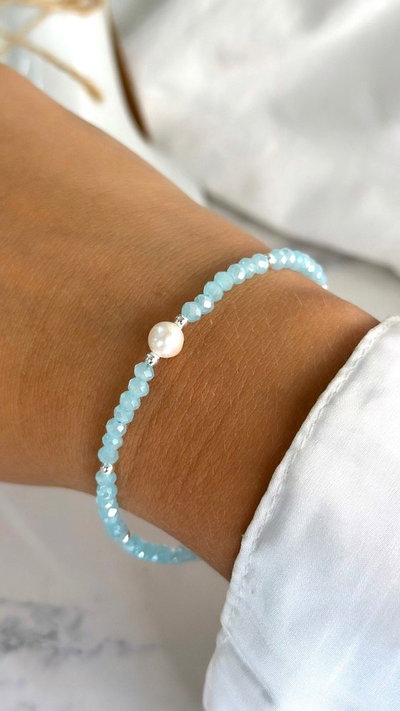 PULSERA CRISTALES C/PERLA CELESTE