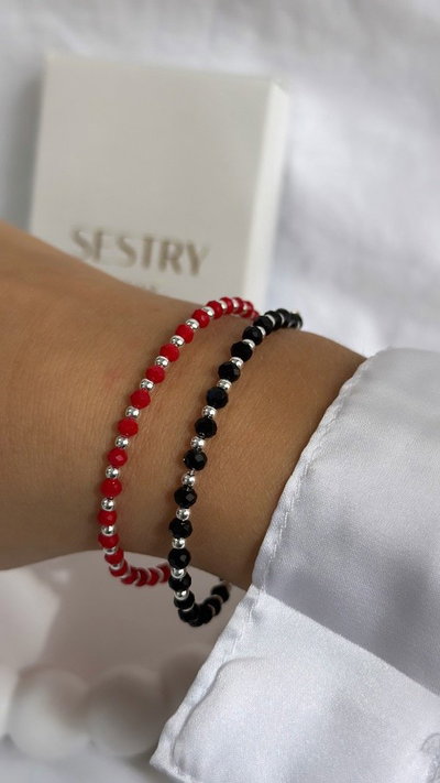 Pulsera cristales y bolitas mix ROJO/NEGRO