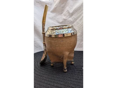 Mate torpedo de alpaca labrada cuero crudo fleje con bolitas