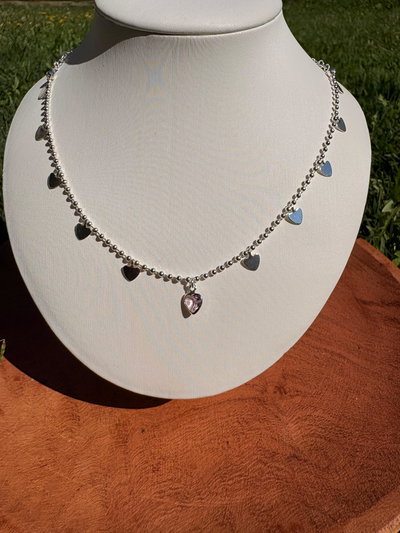 CADENA DE PLATA LAMINADA- CHAPITAS Y DIJE CORAZÓN ROSADO COD 34