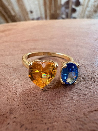ANILLO ACERO DORADO - REGULABLE - STRASS GRANDE CORAZON + ÓVALO