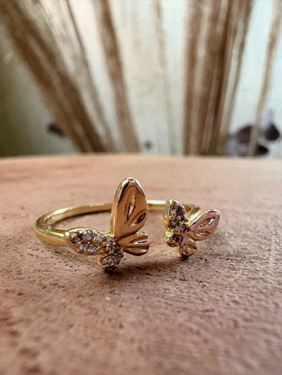 ANILLO ACERO DORADO - REGULABLE- DOBLE MARIPOSA 