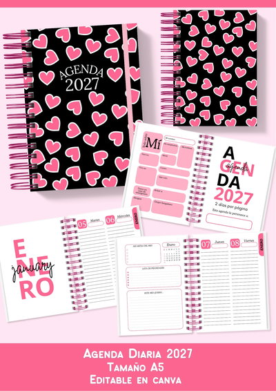 Agenda 2027 Diaria Colores Negro y Rosa 