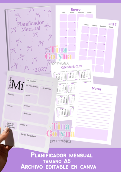 PLANIFICADOR MENSUAL 2027 Color Lila