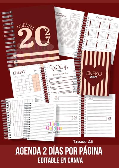 Agenda Diaria 2 días por página | Color bordo