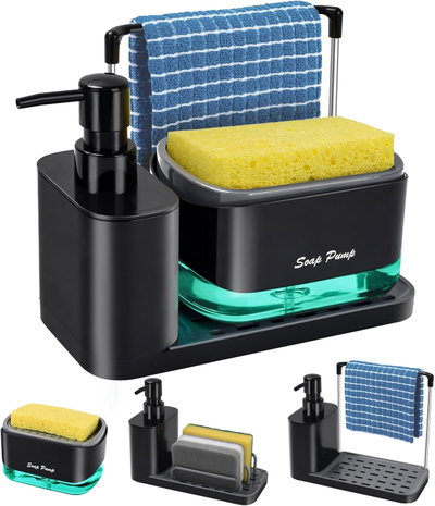 DISPENSER DE DETERGENTE + ESPONJA +TOALLERO ACERO
