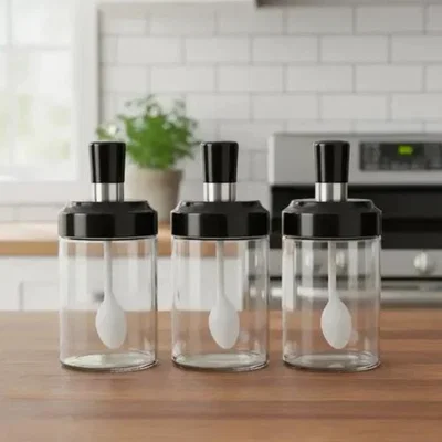 SET DE 3 FRASCOS CON TAPA Y CUCHARA 250ML DE VIDRIO