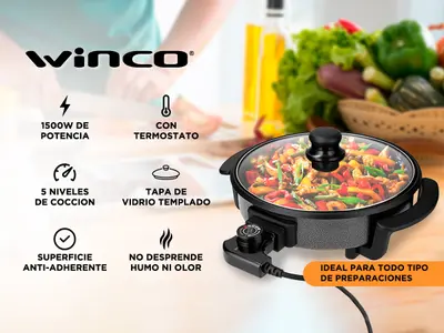 Sarten Olla Multicocina Winco Electrica 1500W 5 Niveles Tapa Vidrio Termostato W152